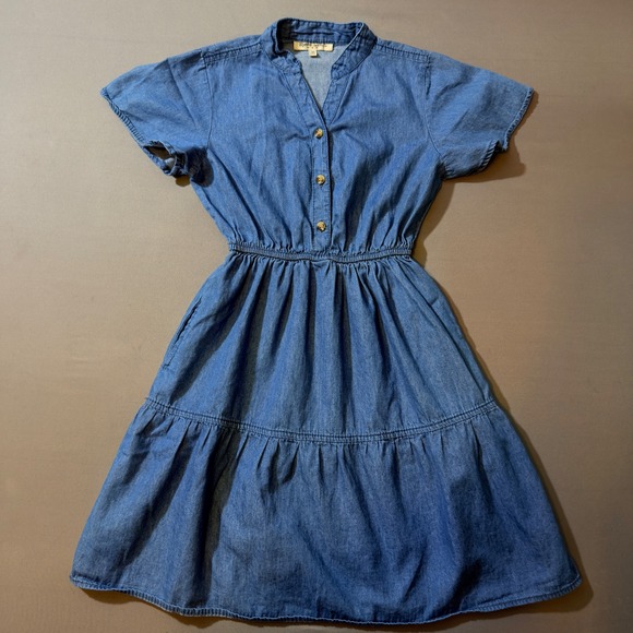 Speed Limit Girls Denim Dress Size 10 Years Blue Button Front Tiered Pockets - Picture 1 of 4